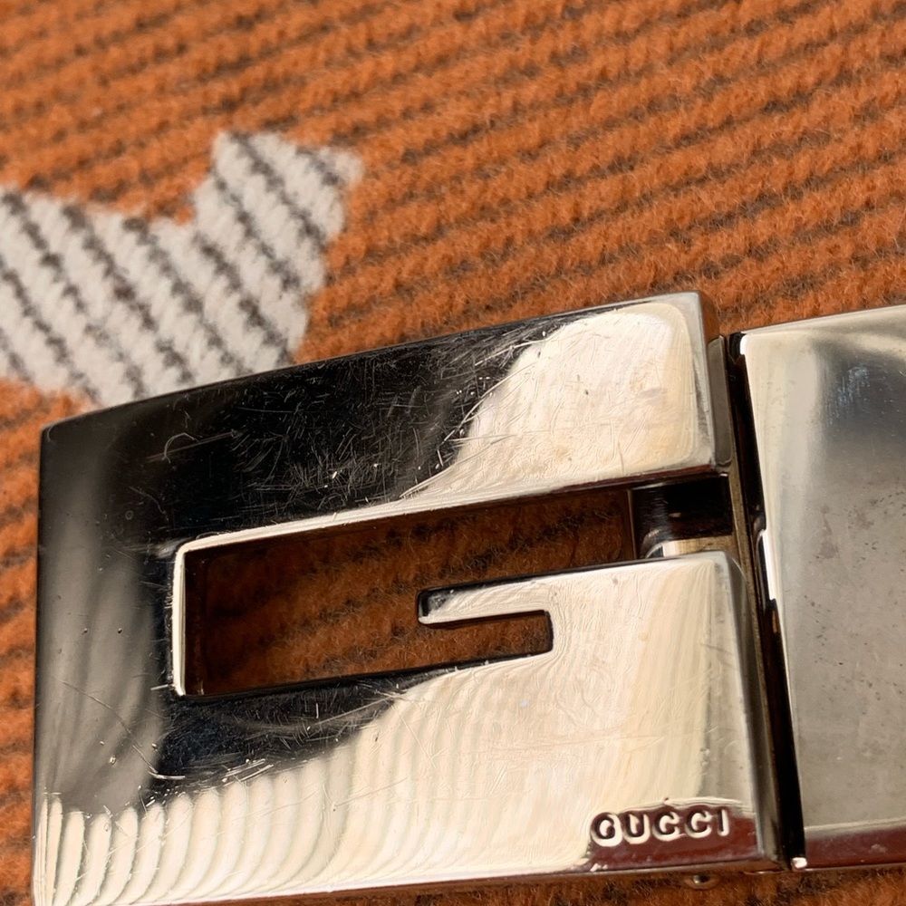 Gucci Reversible Leather Belt with Metallic Silver Buckle